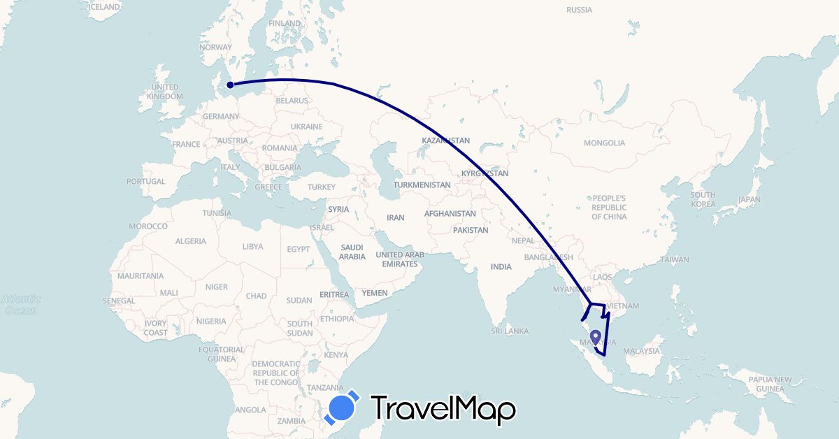 TravelMap itinerary: driving in Denmark, Cambodia, Malaysia, Russia, Singapore, Thailand (Asia, Europe)